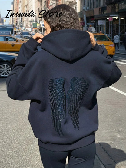 Casual Sequin Wings Hooded Sweatshirt Pant Set Women Solid Loose Full Sleeve Pullover Suit 2026 Spring Autumn Lady Daily Outfit