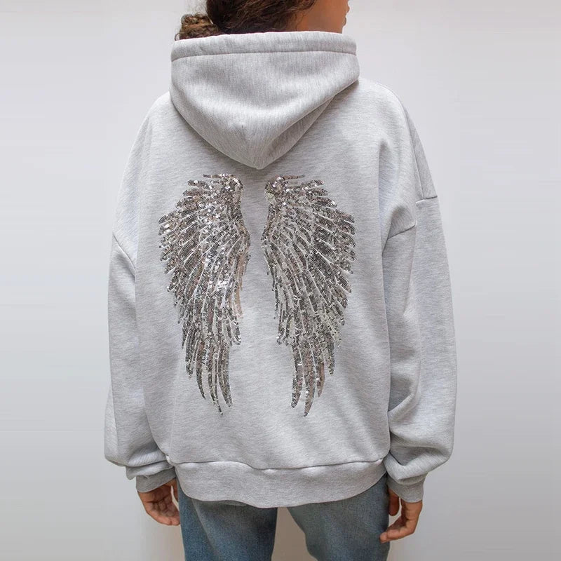 Casual Sequin Wings Hooded Sweatshirt Pant Set Women Solid Loose Full Sleeve Pullover Suit 2026 Spring Autumn Lady Daily Outfit