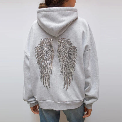 Casual Sequin Wings Hooded Sweatshirt Pant Set Women Solid Loose Full Sleeve Pullover Suit 2026 Spring Autumn Lady Daily Outfit