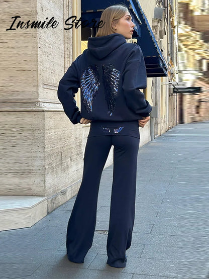 Casual Sequin Wings Hooded Sweatshirt Pant Set Women Solid Loose Full Sleeve Pullover Suit 2026 Spring Autumn Lady Daily Outfit